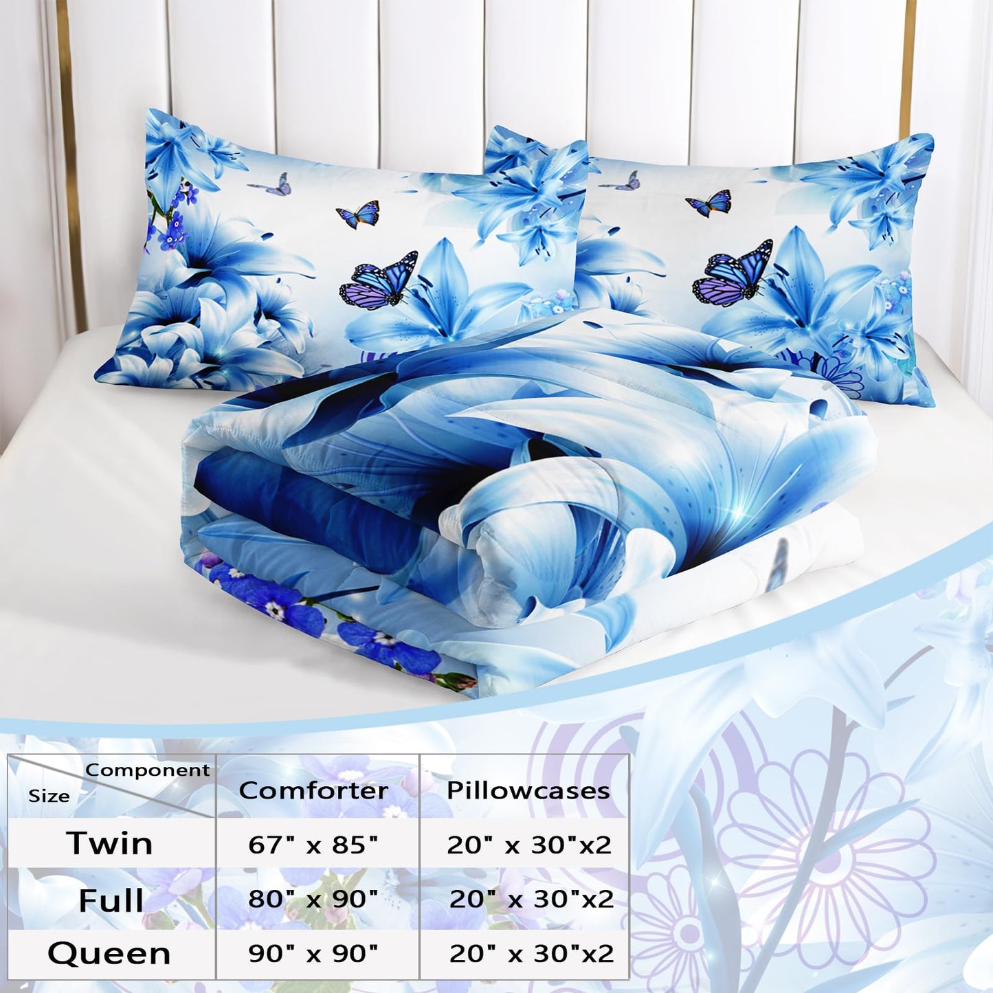 AILONEN Blue Floral Butterfly Bedding Set - Butterfly Comforter & 2 Pillowcases Queen Size - Beautiful Flower Teen Bedding Sets for Girls Women 3 Pieces Soft