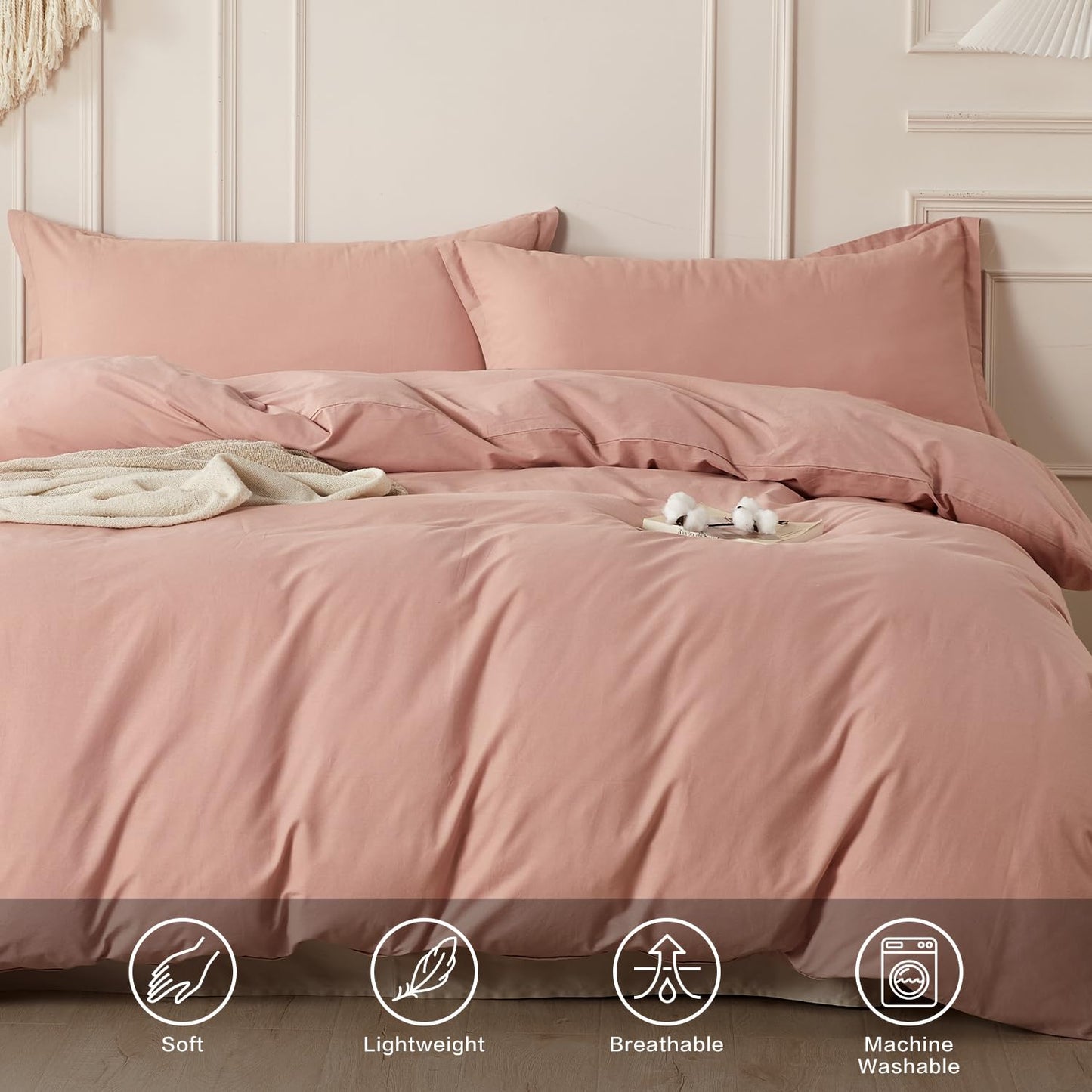 SAPHREAS 100% Washed Cotton Duvet Cover Full Size Set, Linen Like Comforter Cover with Zipper Closure & Corner Ties (No Comforter), 80x90 Dusty Rose
