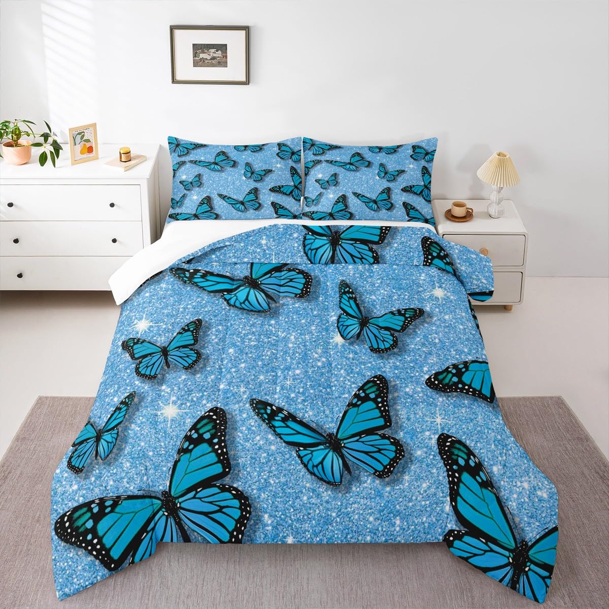 Castle Fairy Butterfly Glitter Comforter Set Queen Size,Blue Starry Galaxy Bedding Set for Kids Girls Teens Adults Room Decor,Fantasy Flying Animals Quilt Set Sparkling Diamonds Duvet Insert 3pcs