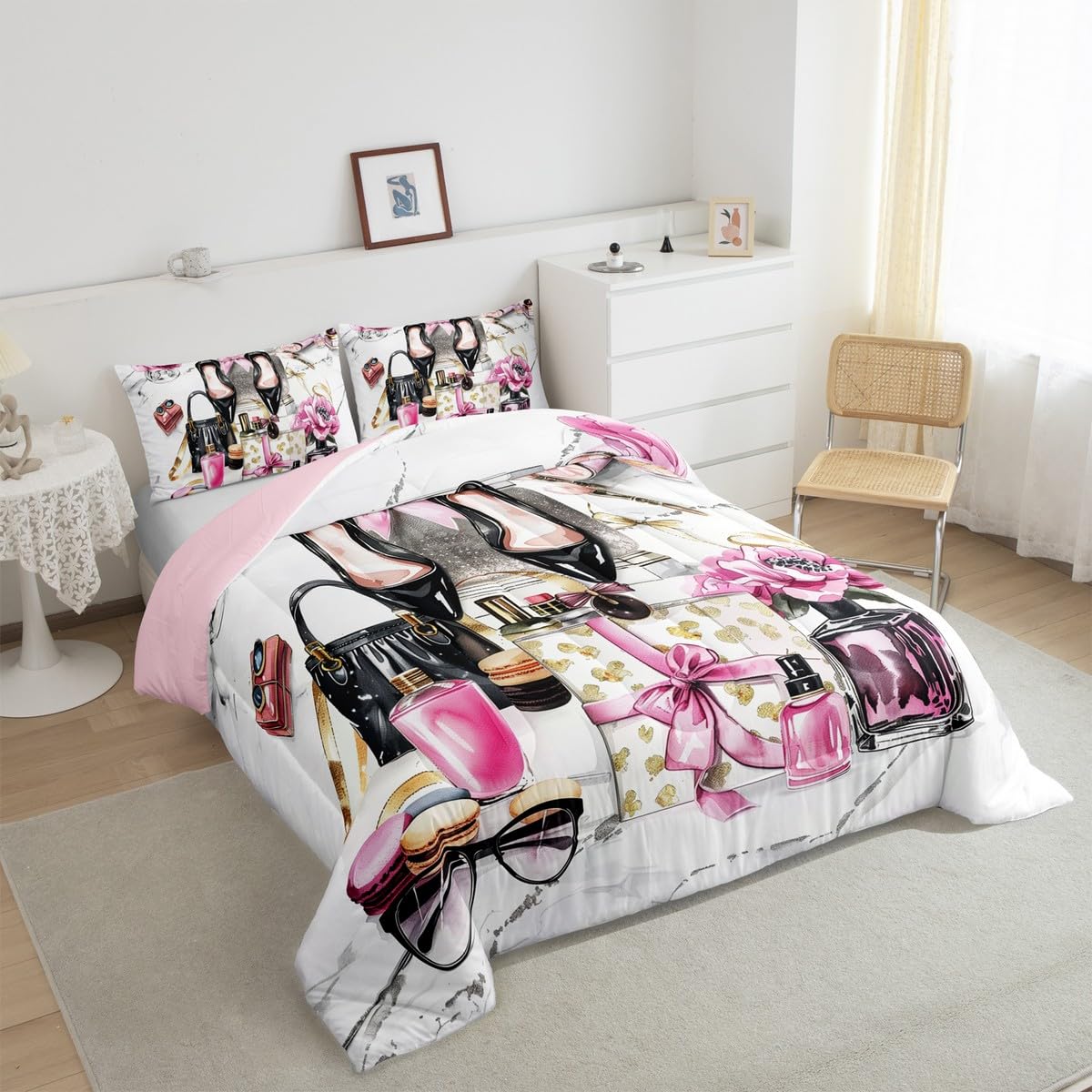 Erosebridal Pink Comforter King Size Cute Flower Girly Bedding Set Bow Coquette Sweet Bed Sets Modern Magazine Silver High Heel Girls Women Duvet Insert Preppy Makeup Romantic Fantasy Room Decor