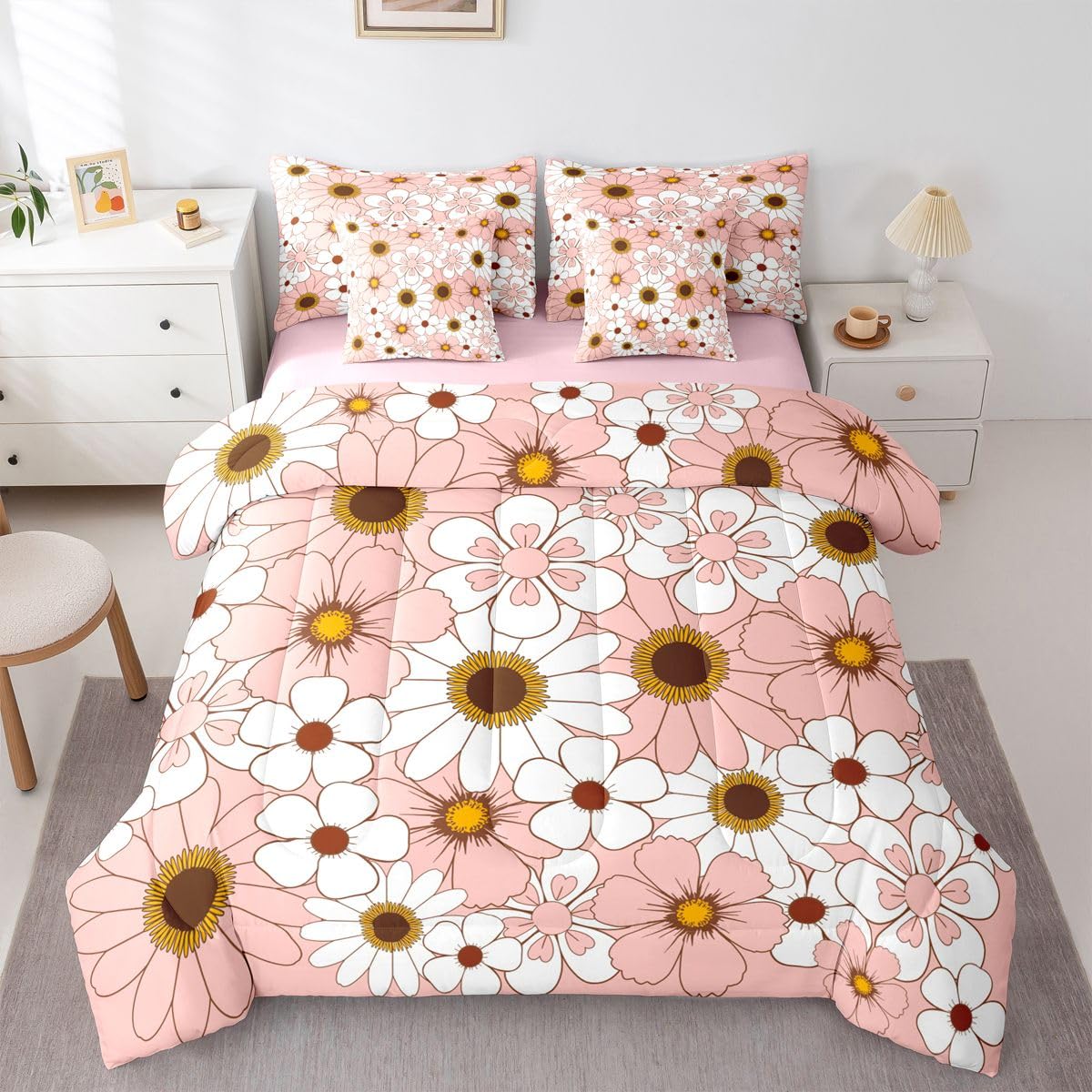Erosebridal 7 Pcs Pink Daisy Bedding Set Twin for Girls Boho Floral Comforter Set with Sheets for Kids Teens Women Coquette Room Decor Groovy Floral Bed in A Bag Aesthetics Flower Bed Sets All Season