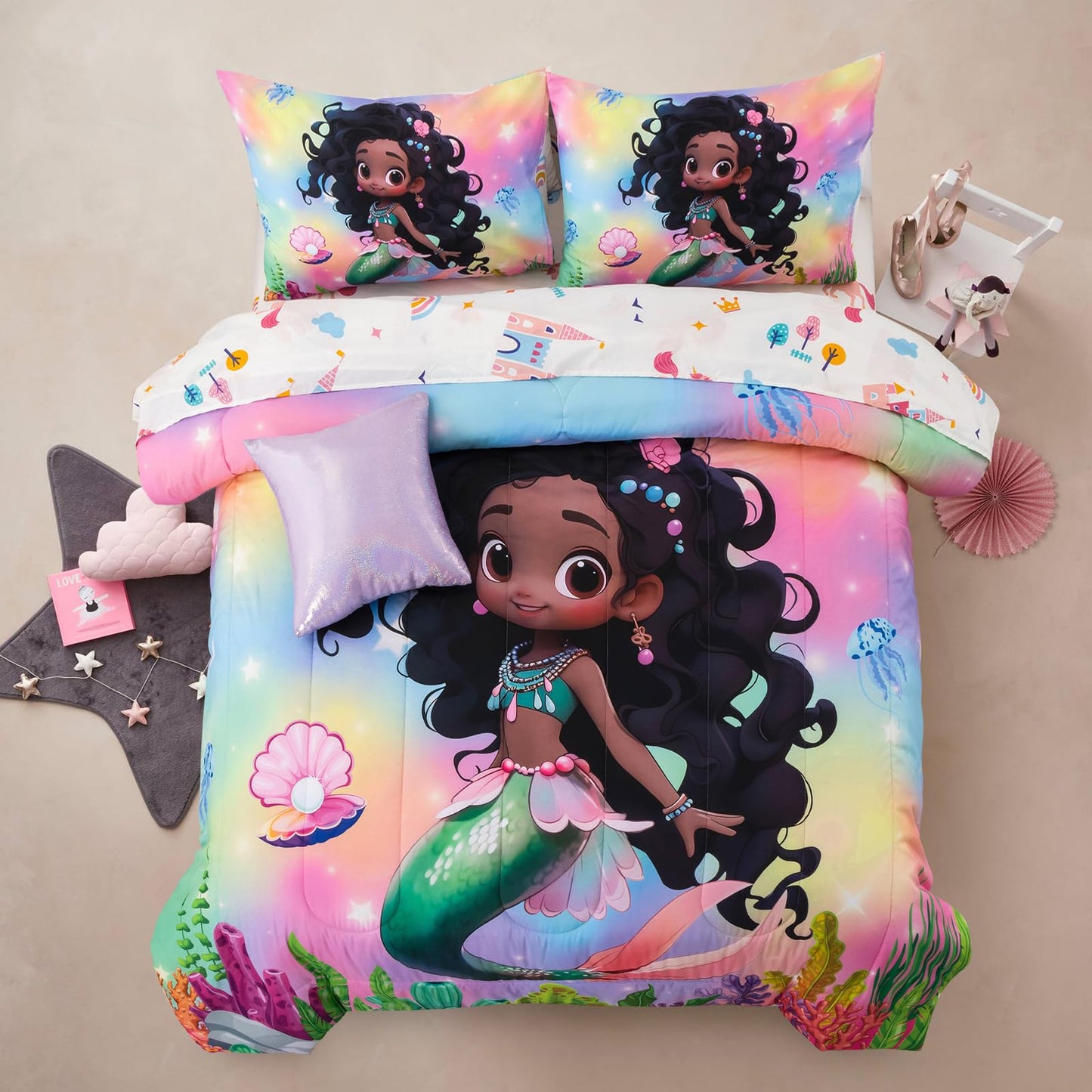 A Nice Night 6pcs Comforter Set,Black Girl Princess Mermaid with Green Tail Printed,Pink Gradient Glitter Rainbow Background Kids Bedding Set,Twin