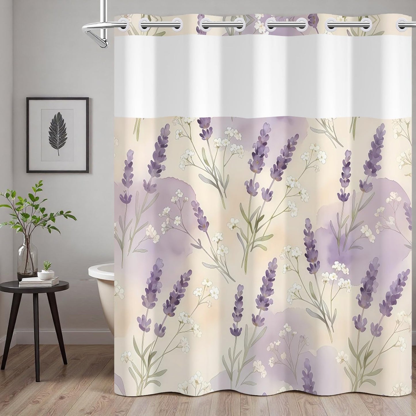 NAEMBCU Watercolor Lavender Shower Curtain with Snap in Liner 71 x 74 Inch