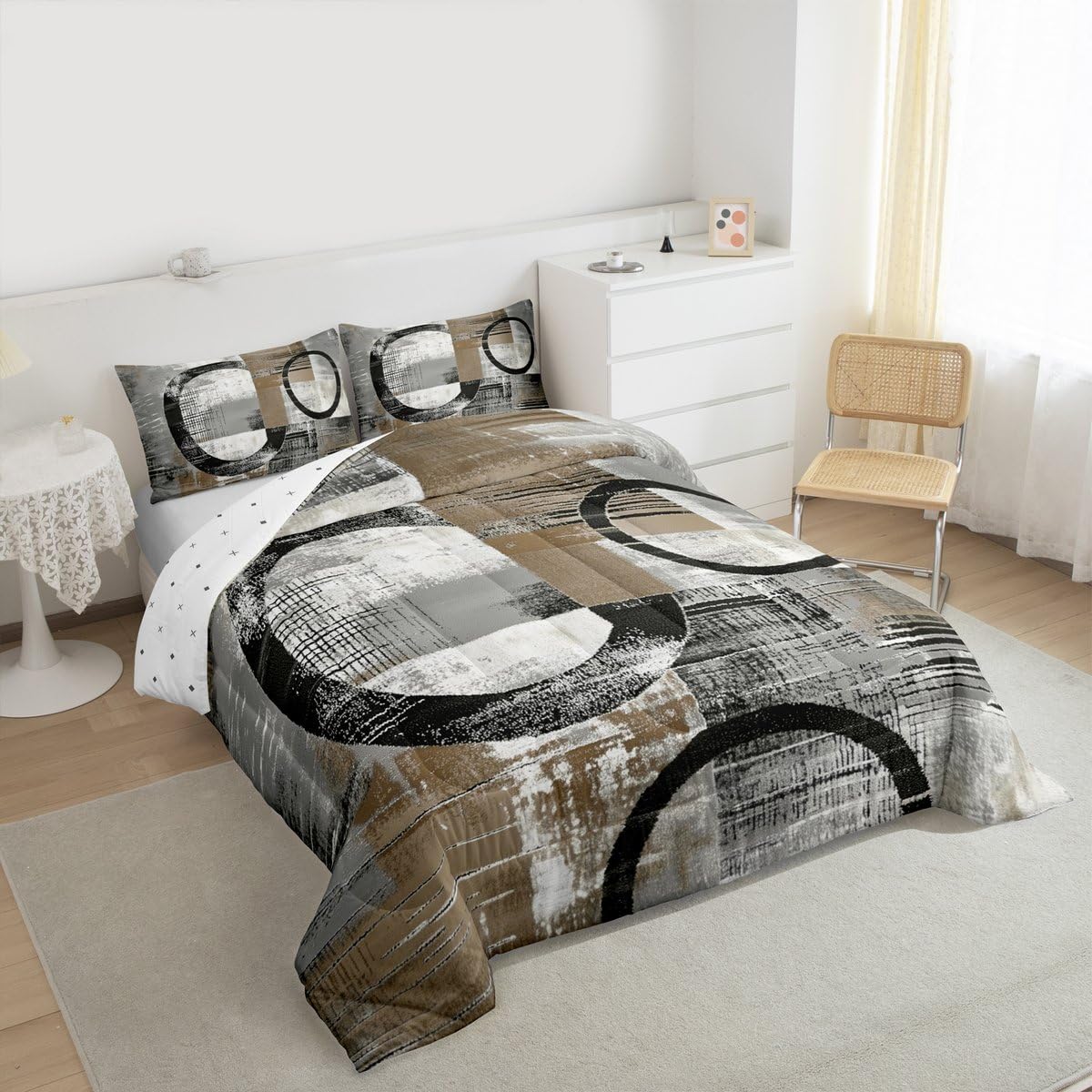 Feelyou Abstract Kids Comforter Set Full Size Modern Abstract Art Bedding Set Geometric Duvet Quilt for Kids Boys Girls Bedroom Luxury Decor Umber Ultra Soft