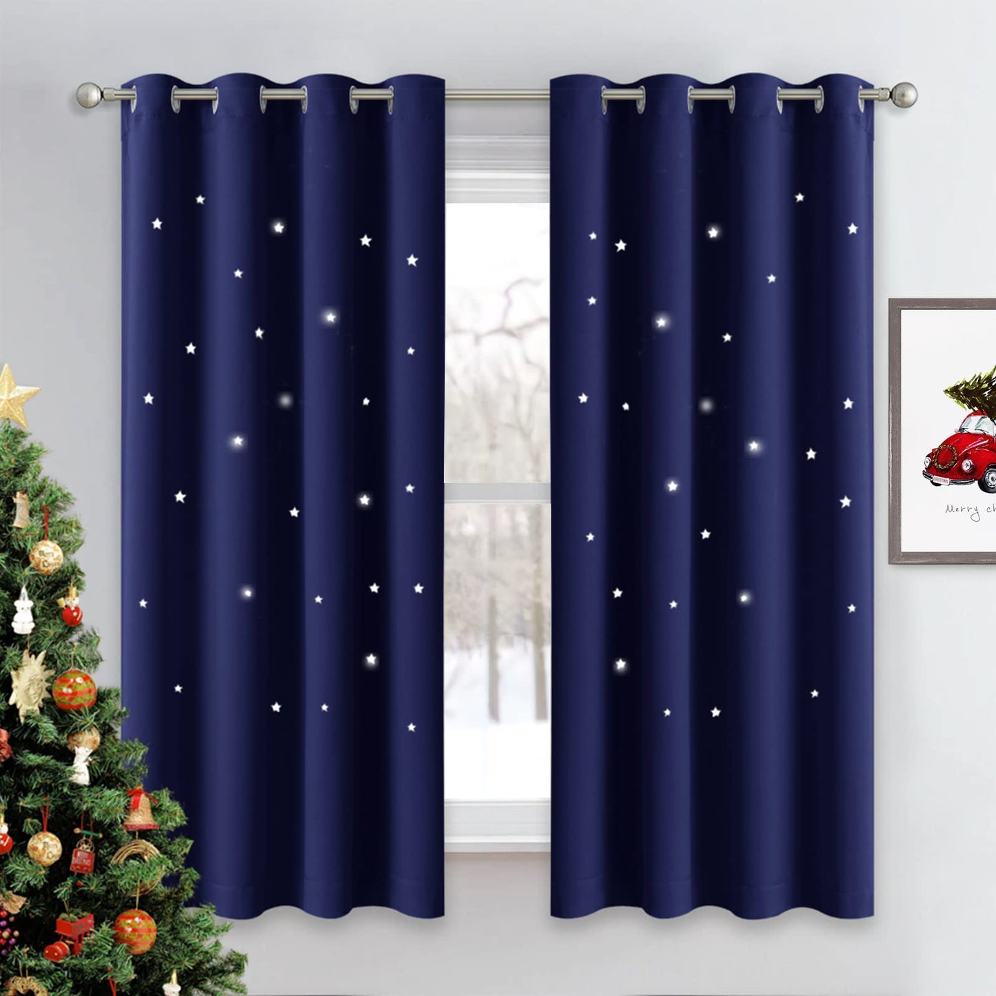 NICETOWN Kids Blackout Curtains for Bedroom - Hollow Star Space Inspired Night Sky Twinkle Blue Children Star Curtain, Window Drape (1 Panel, 52 x 63 inches Panel, Navy Blue)