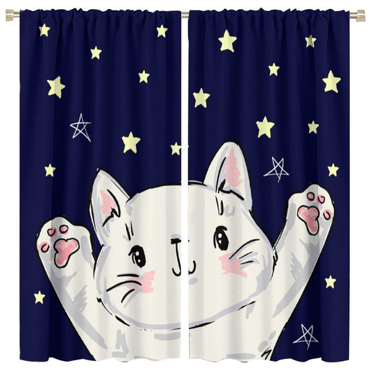 Cute Cat Curtains Cartoon Cute Animal Cat and Star Night Sky Colorful Art Print for Kids Girls Bedroom Living Room Decor Rod Pocket Blackout Window Drape 42x45in