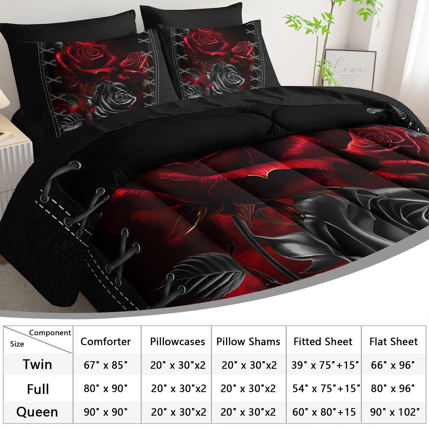 AILONEN Black and Red Rose Comforter Set Full,7-Piece Flower Bed in a Ba,Soft Comforter & Fitted Sheet with Flat Sheet & 2 Pillowcases,2 Pillow Shams for Bedroom