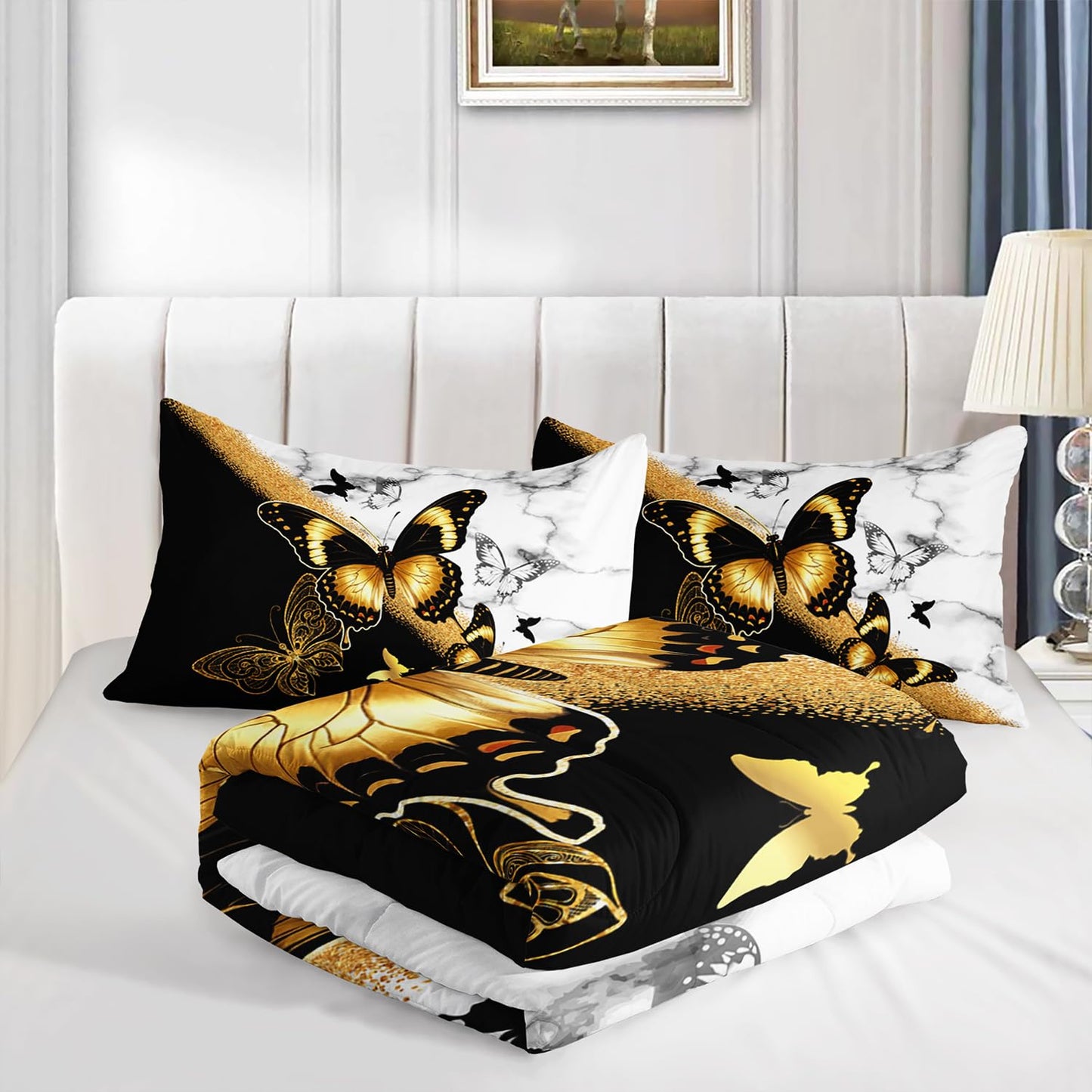 UEVBF Kids Bedding Twin Size Comforter Set,Black and Gold Butterfly Bedding Comforter Sets for Boys Girls Room Decor,Animal Themed Artistic Aesthetic Bedding Sets with 2 Pillowcases.