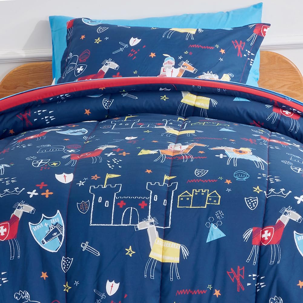 Sleep Zone Kids Bedding Comforter Set Twin Size Super Cute Soft Kids Bed in a Bag 5 Pieces with Comforter, Sheet, Pillowcase and Sham, Knight‘s Tale