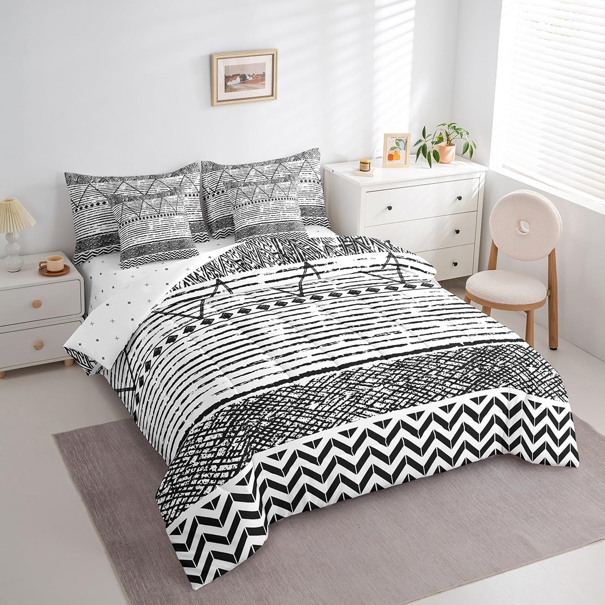 Bohemian Full Size Bed Sheets and Comforter Set,Grey Boho Aztec 7 Piece Bedding Set Geometric Tribal Striped Bed in a Bag,Nordic Ethnic Lines Western Bed Sets