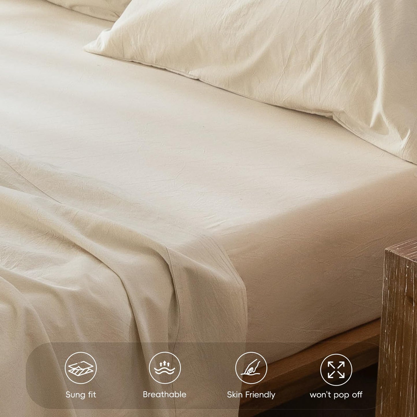 MooMee Fitted Bottom Sheet Only 100% Washed Cotton Linen Like Textured Breathable Durable Soft Comfy Deep Pocket Fits Mattress up to 17" (Almond Milk Grey, Queen)
