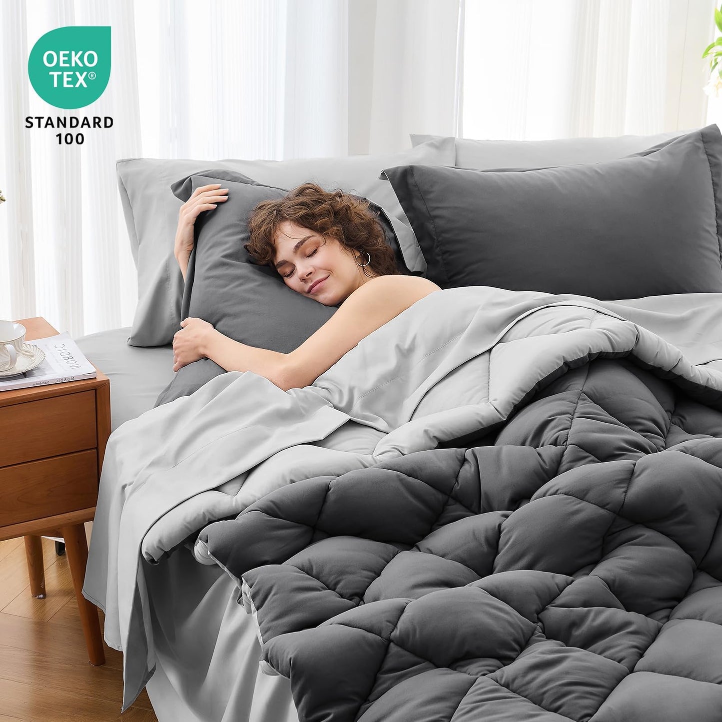 MUXHOMO 7 Pieces California King Comforter Set, Reversible Bed in a Bag Cal King Size, All Season Bedding Set with Comforter, Flat Sheet, Fitted Sheet, Pillowcases & Shams, Dark Grey & Light Grey