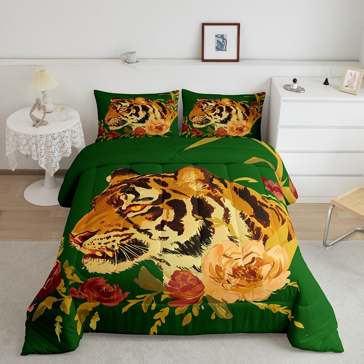 Erosebridal Tiger Comforter Set Twin Size Modern Flowers Bedding Set for Kids Girls BoysGreen Red Romantic Roses Comforter Wild Animals Plants Quilt Bedroom Decor