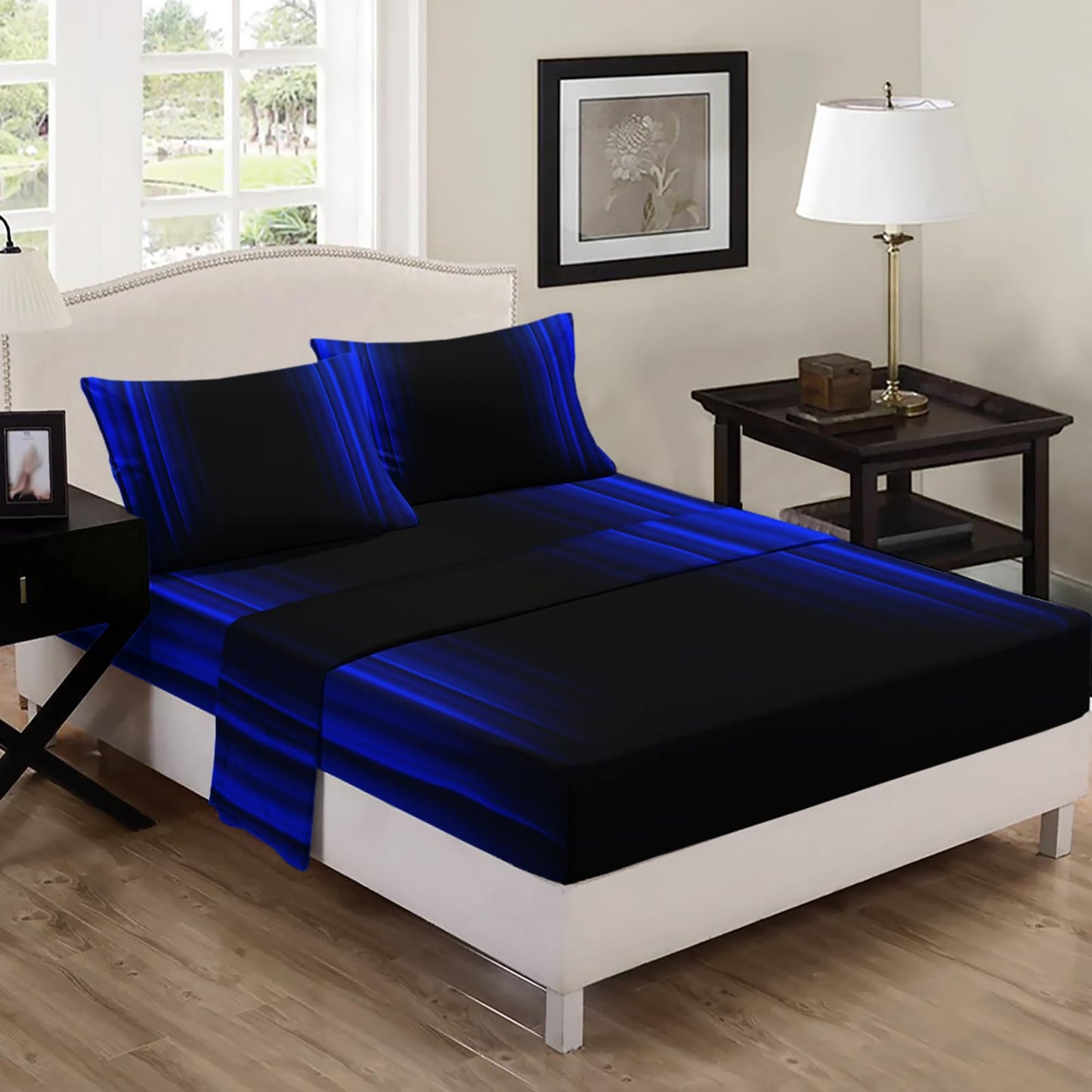 Nttopship Blue and Black 4 Pieces Bed Sheet SetsQUEEN Size Abstract Ombre Bedding Sets with 16" Deep Pockets Abstract Ombre Bedroom Decor,Bedding Set 4 PCS(1 Fitted+1 Flat+2 Pillowcases)