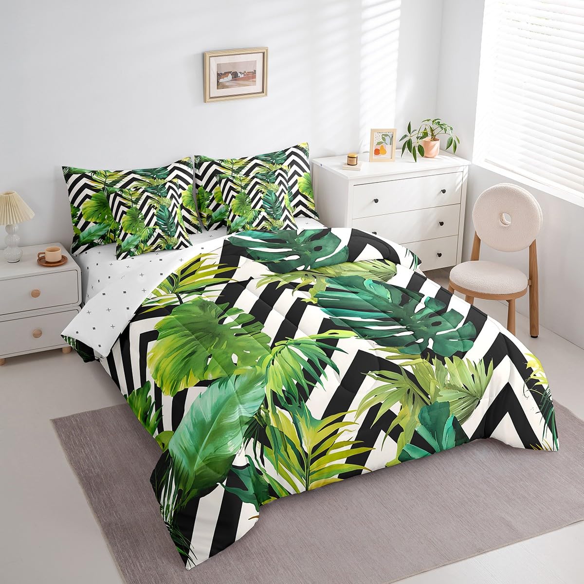 jejeloiu Tropical Leaves Comforter Set 7 Pieces Full Size Kids Black White Striped Bed in a Bag for Boys Girls Leaf Pattern Bedding Set Botanical,Comforter + Sheets + Pillowcases + Cushion Covers