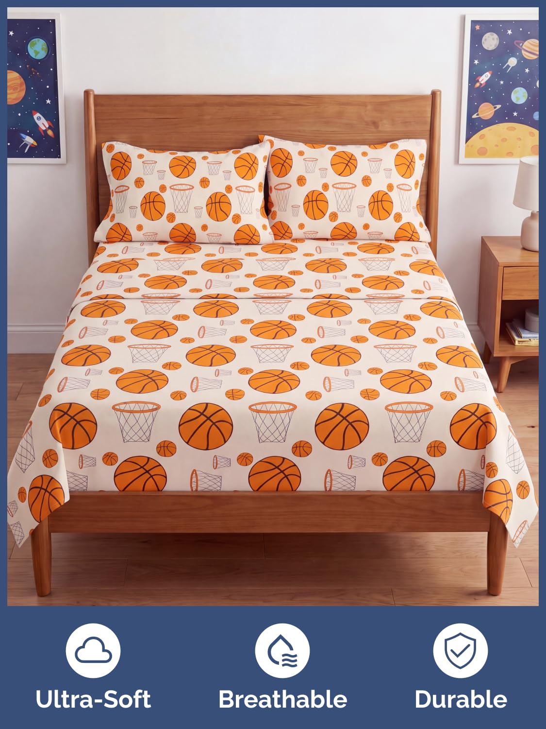 CGK Unlimited Kids Basketball Full 4 Piece Sheet Set - Boys, Girls, Teens, Toddler - Easy Fit with Deep Pockets - Soft, Cooling & Breathable Sheets - Cute, Cozy, Fade & Wrinkle Free - Machine Washable