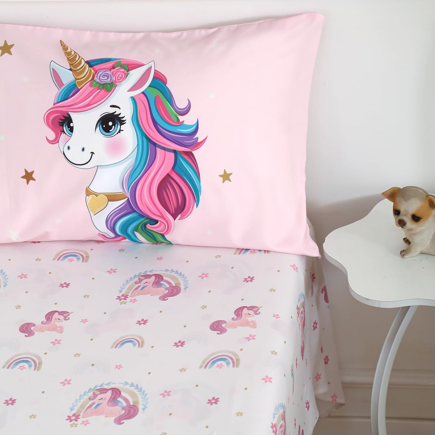 Dormlony 4 Piece Toddler Bedding Set - Ultra Soft Breathable Toddler Bedding Set for Girls, Includes Quilted Comforter, Flat Sheet, Fitted Sheet and Pillowcase(Unicorn)