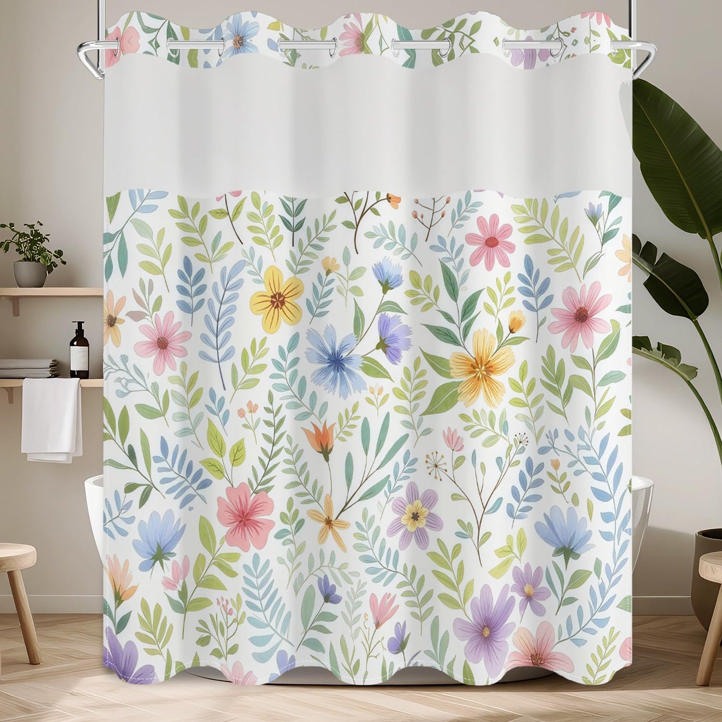 No Hook Shower Curtain with Snap in Fabric Liner Set, Waterproof & Washable, Boho Colorful Plant Floral Shower Curtains for Bathroom, Farmhouse Rustic Flower Bathroom Curtain, House Gift, 71x74 inch