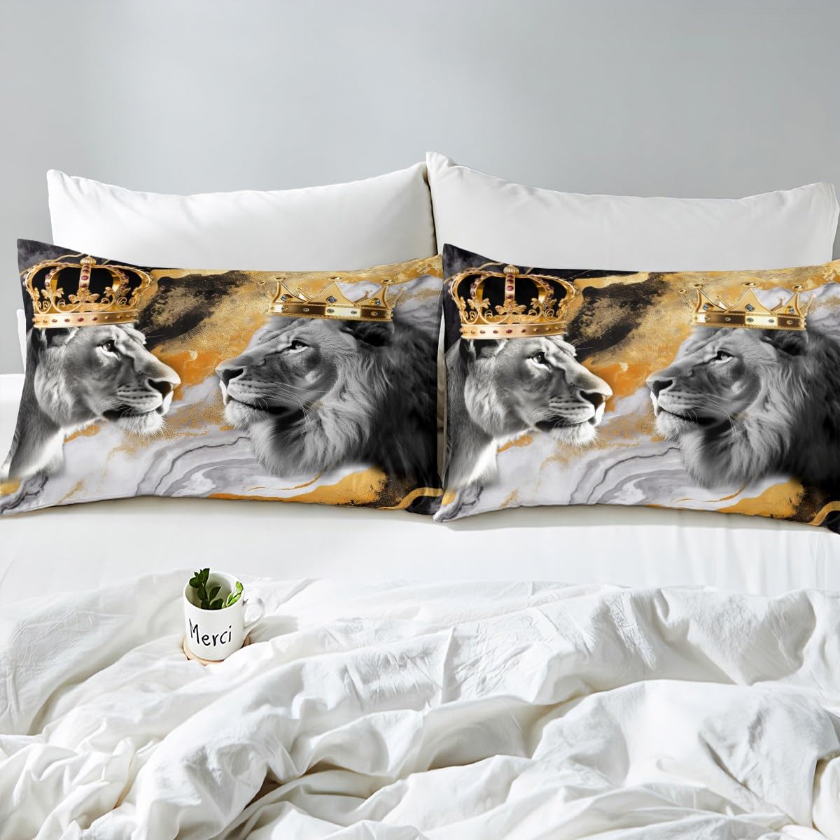 Homewish Lion Couple Duvet Cover Set Full Size,African Tropical Wild Animal Comforter Cover with 2 Pillowcases,Crown Decor Gold Black Marble Print Breathable Bedspread for Boys Teens