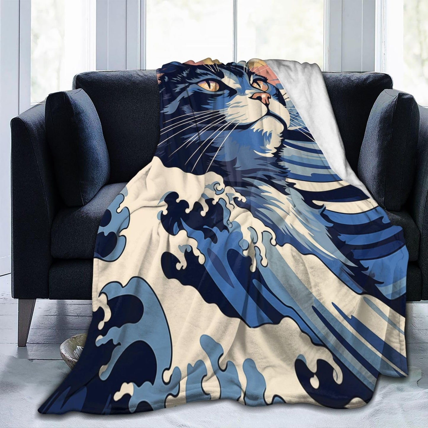 amepay Japanese Painting Cat Blanket Gifts for Cat Lovers Grils Women Kitten Wave Art Flannel Throw Blankets for Home Couch Bed Sofa Soft Fuzzy Lightweight Decor All Season 60x50 Inches