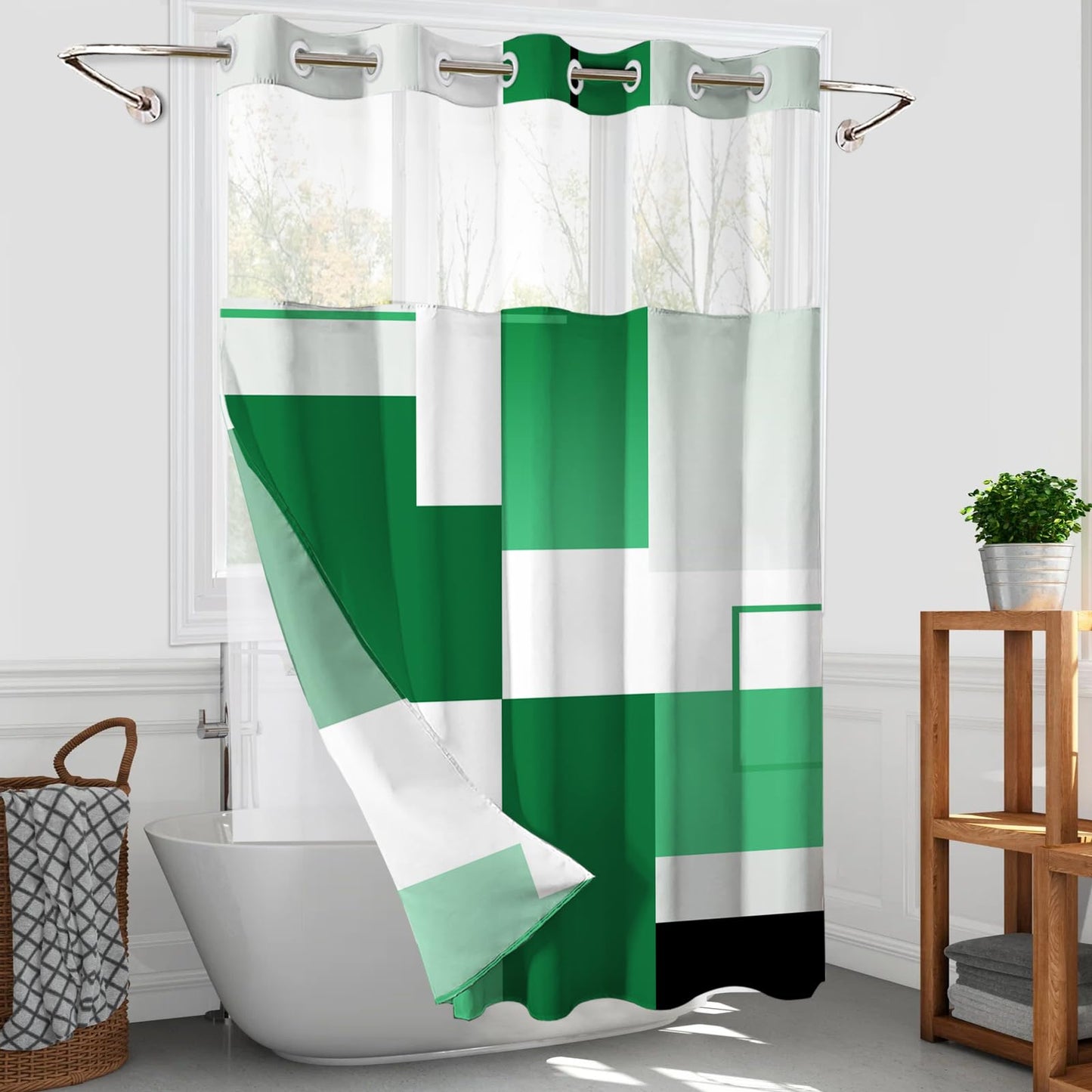 Green Hookless Shower Curtain Set with Snap in Liner, Green White Bathroom Decor, 71x74 Inches, Geometric Bathroom Curtain with Liner and See Through Top Window