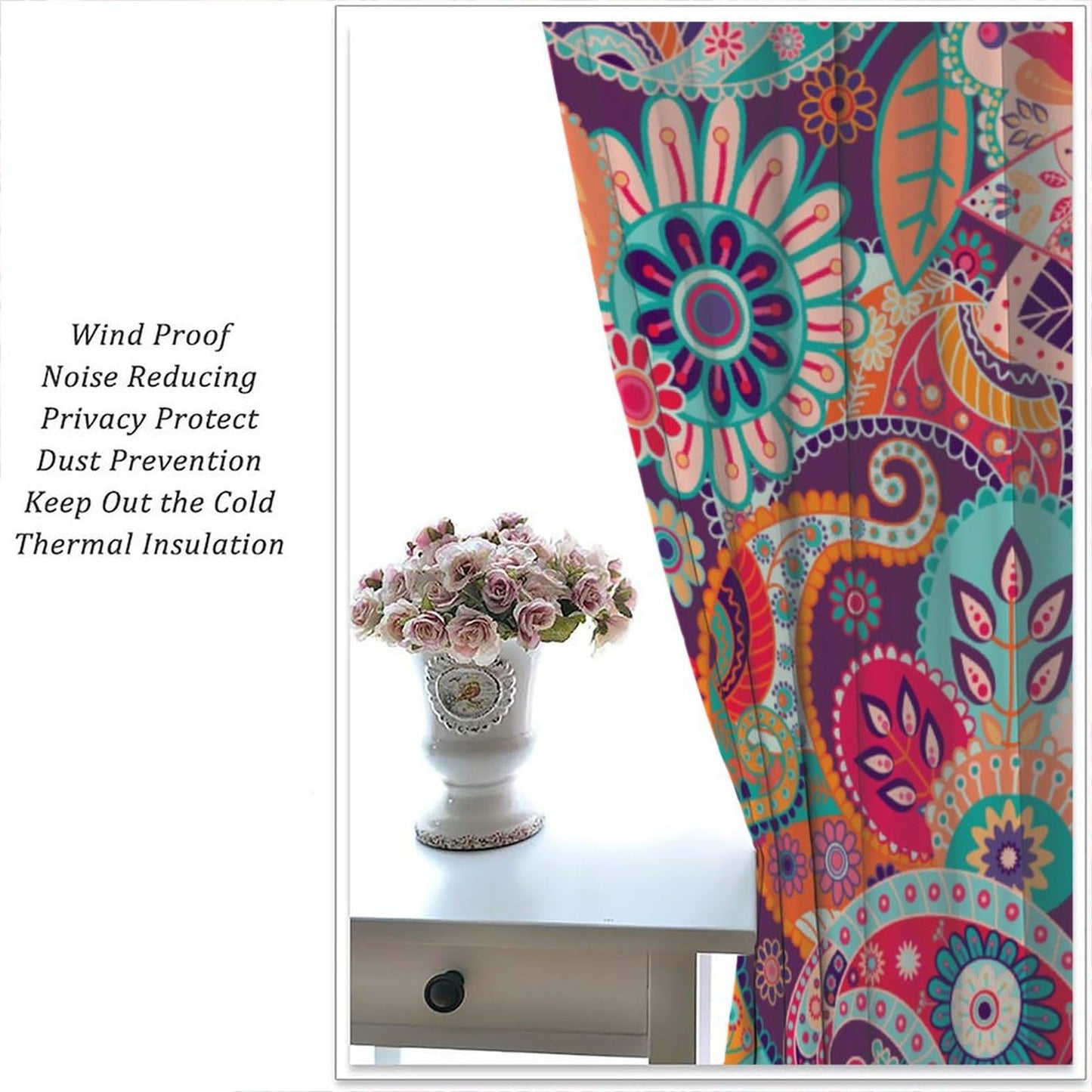Djaby Boho Paisley Floral Curtains, Mandala Indian Bohemian Colorful Flowers Print Window Curtain for Bedroom Living Room Home 42" W X 45" L(No Blackout)