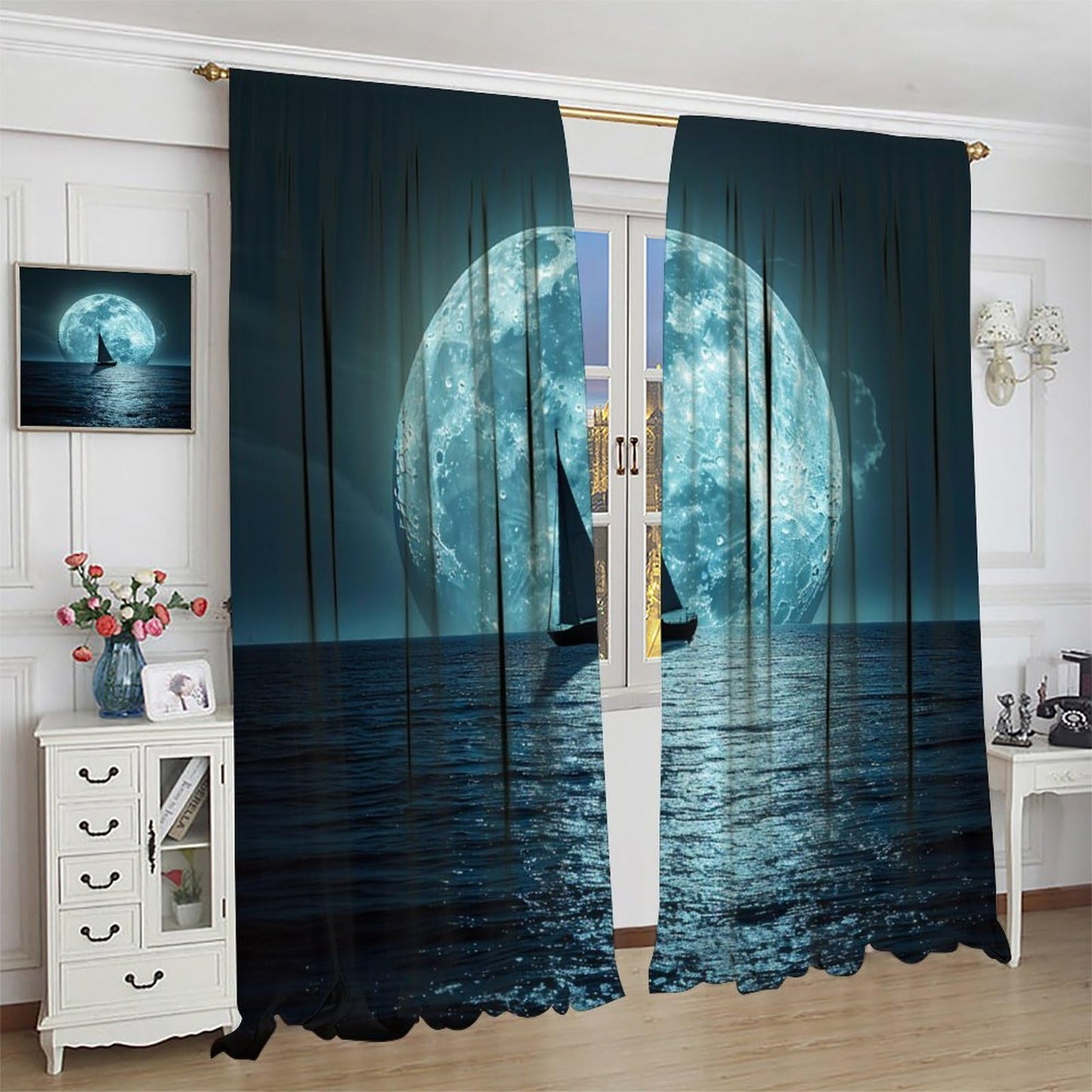 TOWINSFB Dark Night Moon Sailboat Blackout Curtains for Living Room Bedroom, Modern Star Coastal Window Curtains Rod Pocket Thermal Insulated Window Drapes, 2 Panels, Each 21" W x 45" L