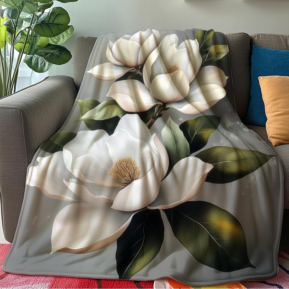 HUNXIAOJ Magnolia Blanket Flower Print Blanket Magnolia Floral Decor Warm Soft Flannel for Teens Adults Bed Sofa Couch (49in x 59in)