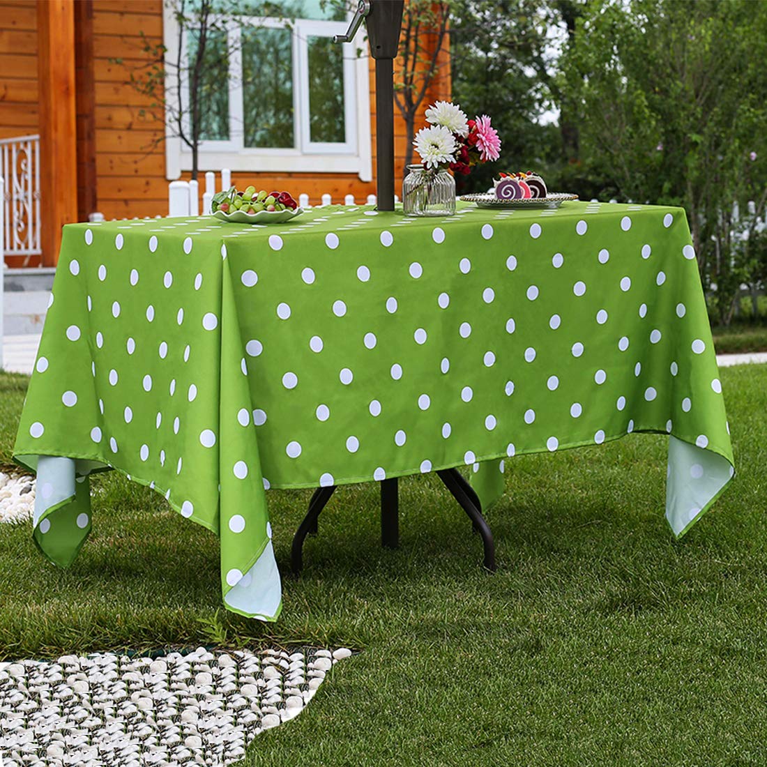 Eternal Beauty 60X 84” Rectangle Tablecloth Waterproof Outdoor Tablecloth with Umbrella Hole Zipper for Patio Spring Summer Picnic Tables (Green Polka Dot)