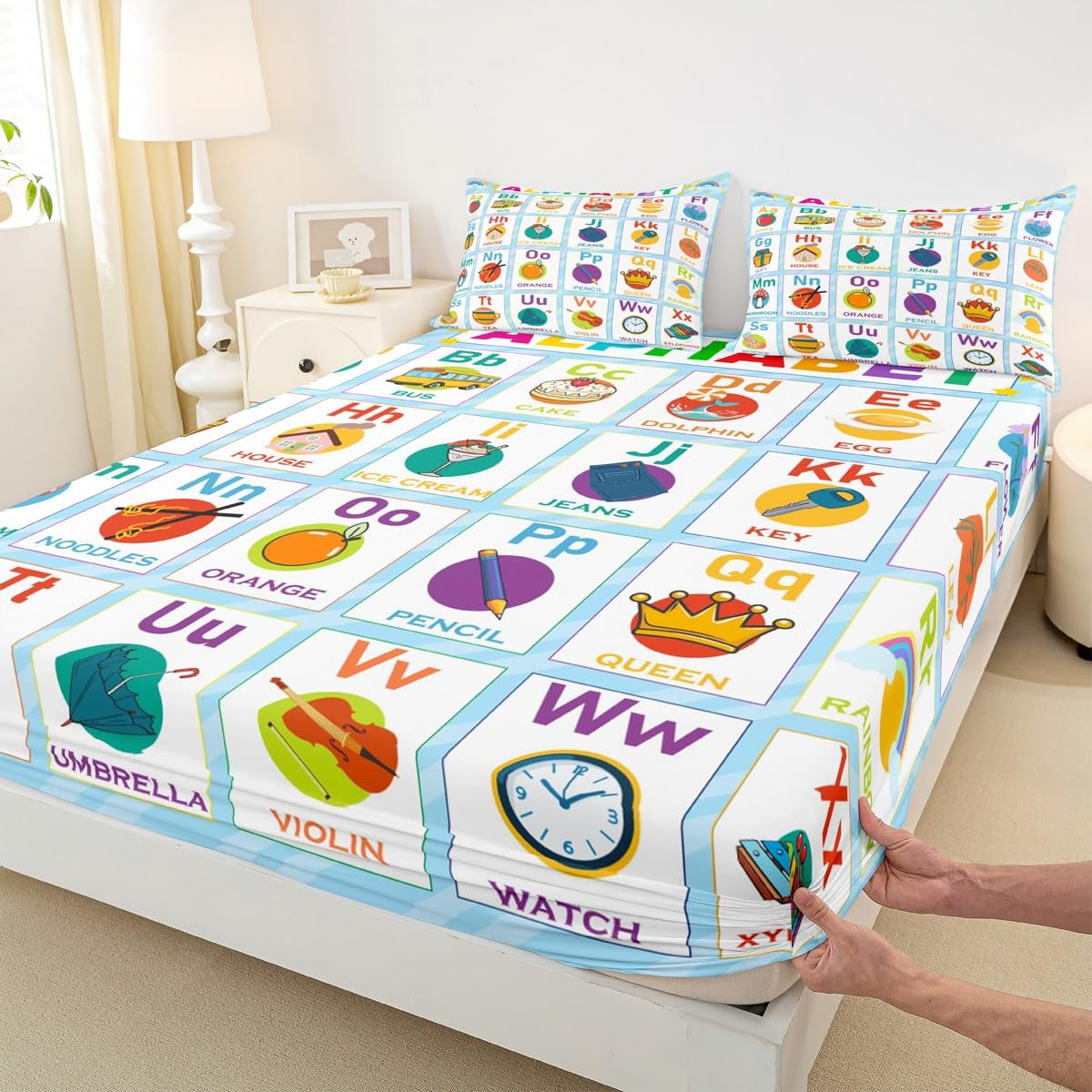 Alphabet Fitted Sheet Twin Size, ABC Alphabet Bedding Set Kids Toddler Learning Time Bed Sheet Set Educational Learning Bed Cover Lightweight Bed Set (No Flat Sheet)
