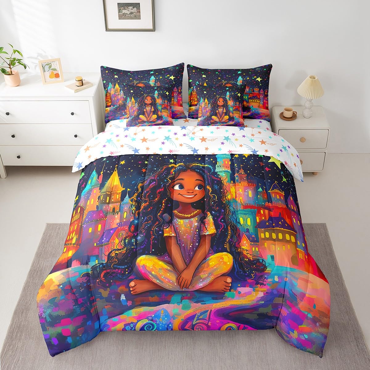 jejeloiu Kids Cute Black Girl Comforter Set 7 Pieces Full Size Castle Star Print Bedding Set African American Girl Bed in a Bag with Comforter, Sheets, Pillowcases & Cushion Covers（No Glitter）