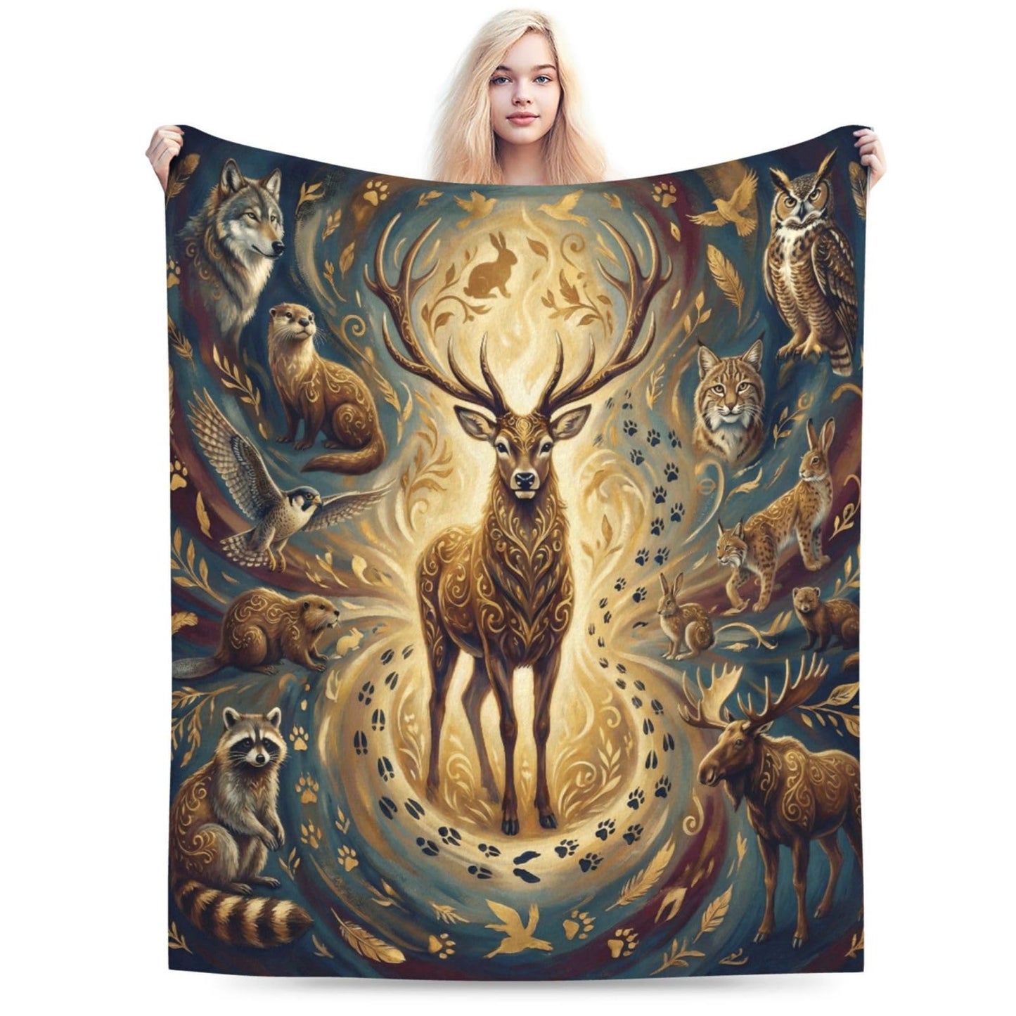 Gbuzozie Deer Owl Eagle Rabbit Wolf and Tiger Wild Animals Fleece Blanket Lightweight Elk Hunting Gifts Throw Blanket for Sofa Couch Bed Camping Travel - Super Soft Cozy Microfiber Blanket 50"X40"