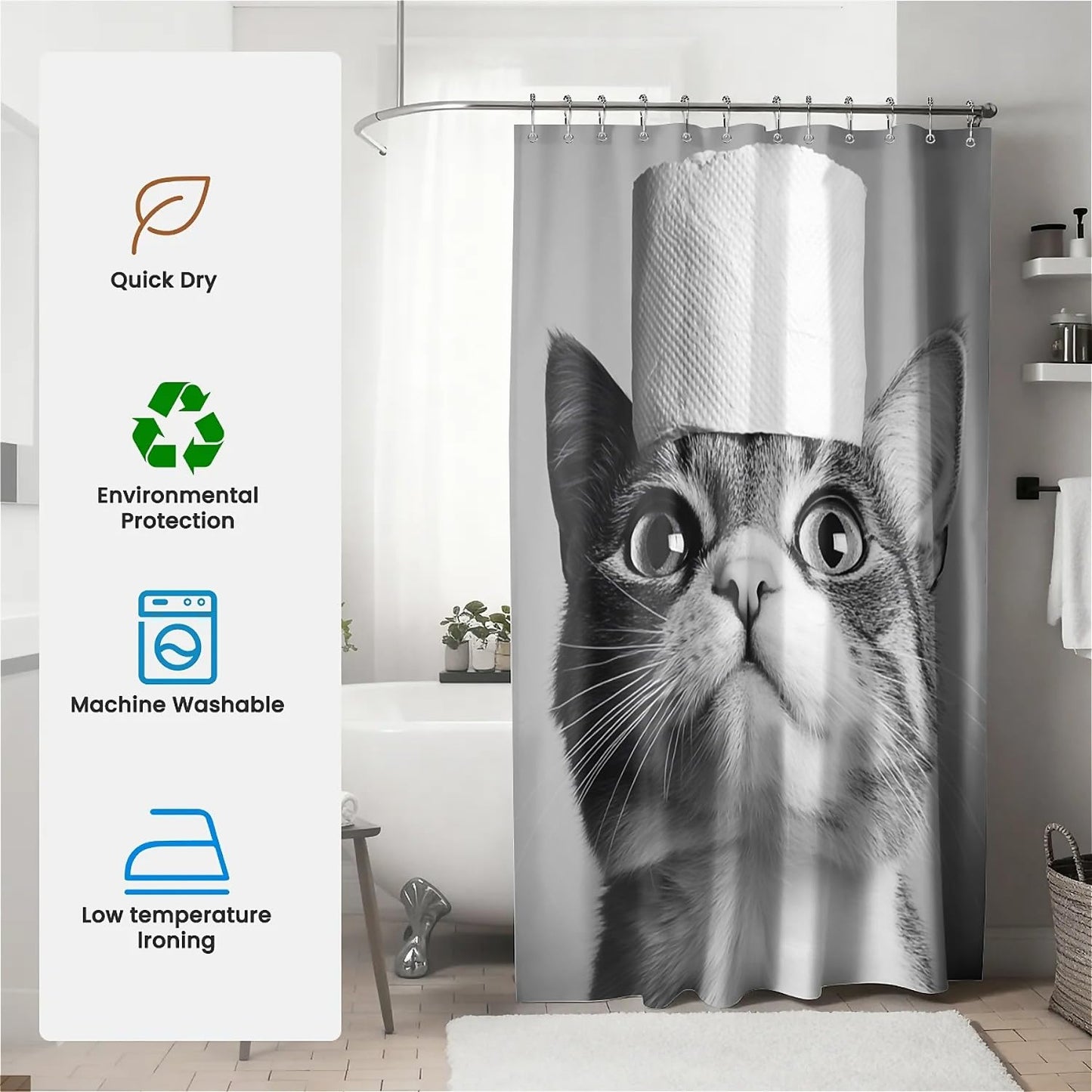 TANGXUNFA Cat-with-Toilet-Paper Shower Curtain for Bathroom, Water-Resistant Long Shower Curtain Set 72x72 Inch with Metal Grommets and 12 Metal Hooks