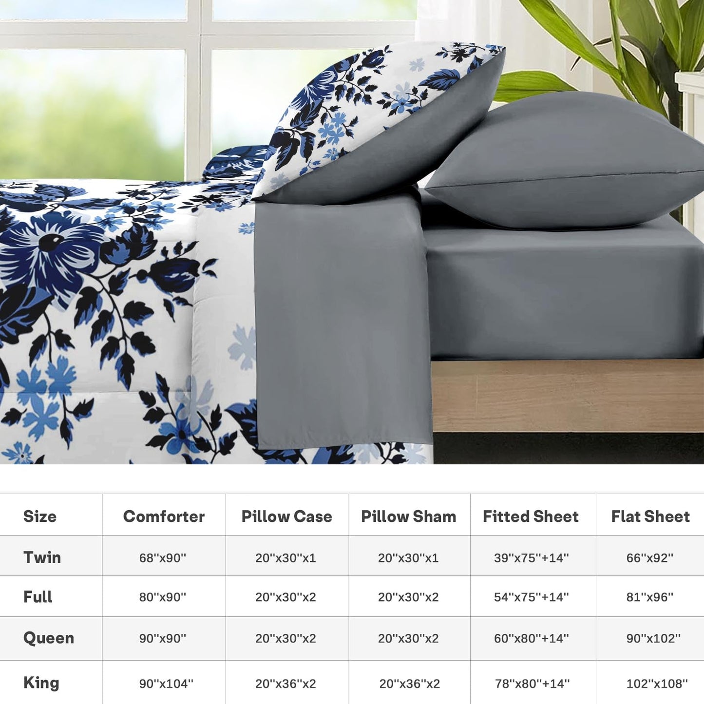 Nesker Comforter Set Full Size, Spring Floral Navy Blue 7 Pcs Bedding for Kids and Adults, Flower Modern Classic Bed Sheet Sets with Fitted Sheet 2 Pillowcases & 2 Shams