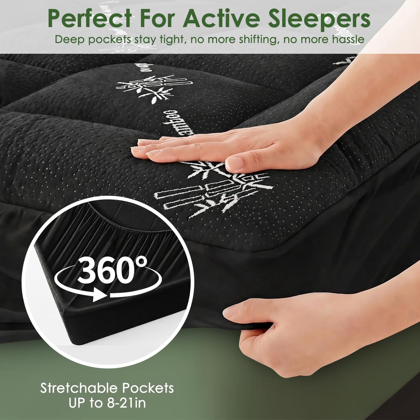 Queen Mattress Topper Viscose Derived from Bamboo, Cooling Thick Pillow Top Mattress Pad with Deep Pocket for 8"-21" Mattress, Soft Breathable Mattress Topper for Back Pain Relief, Black