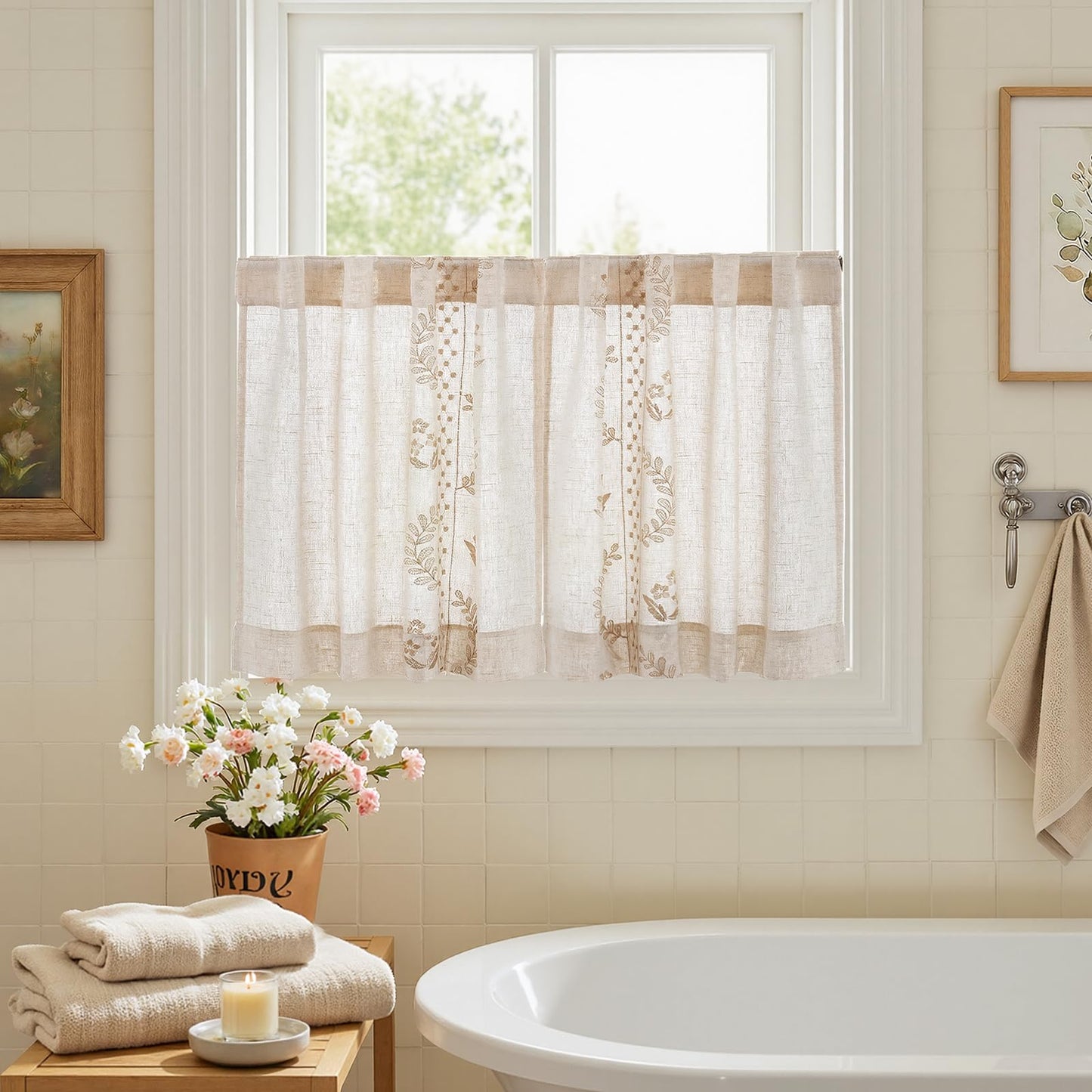jinchan Belrose Linen Floral Kitchen Curtains 24 inch Length Embroidered Farmhouse Cafe Curtains for Living Room Bathroom Small Windows Curtain Set Sheer Light Filtering 2 Panels Beige