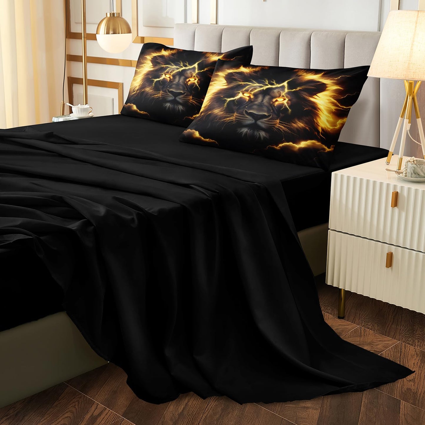Lion Queen Comforter Set Black and Gold Bed in a Bag Golden Loin Bed Set Home Decor 8 Pcs Black Sheet Set Wild Animal Comforter Set with 1 Cushion Cover