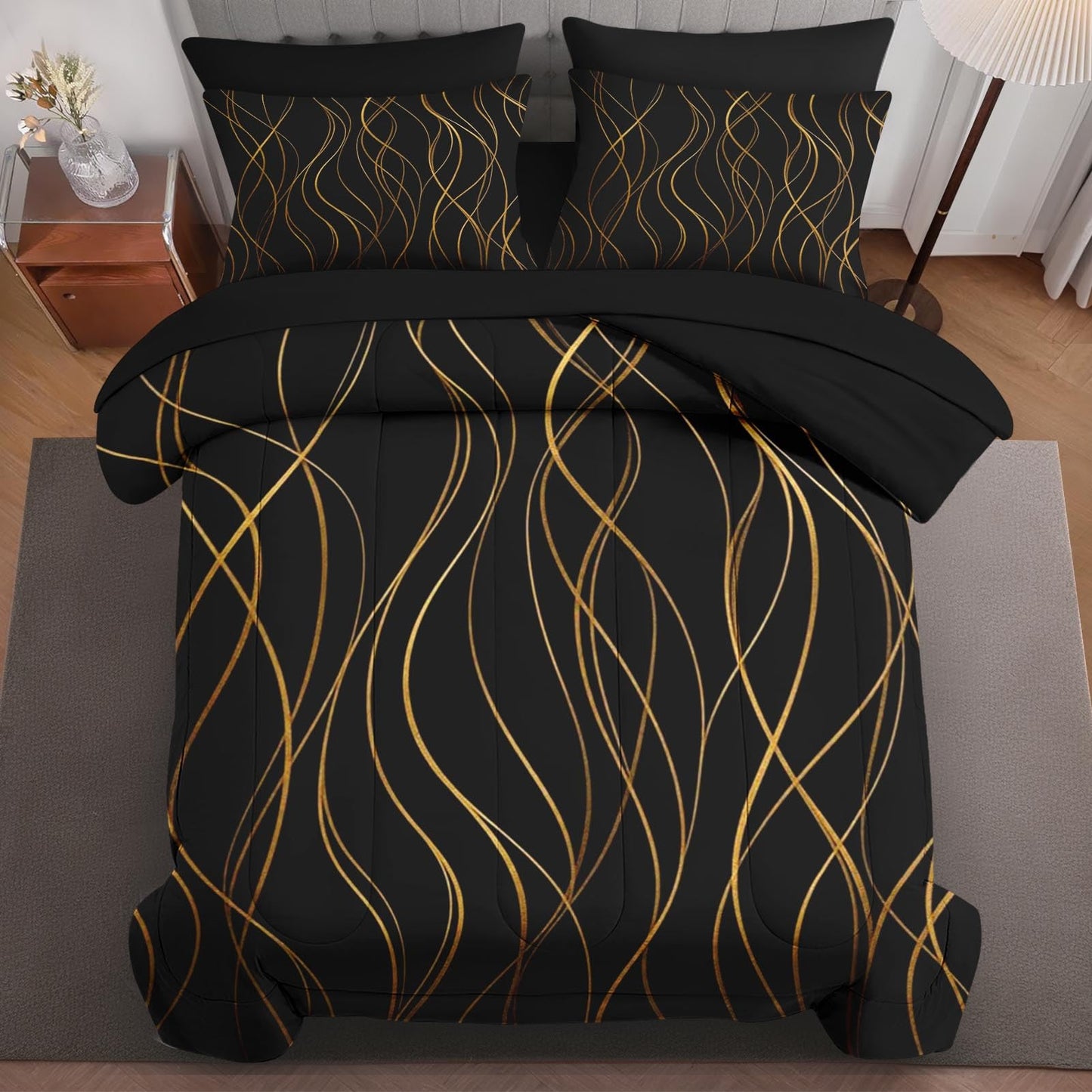 Boewywh Comforter Set Twin Size Gold Black Abstract 7 Pcs, Bedding for Kids and Adults, Bed Sheet Sets with Fitted Sheet 2 Pillowcases & 2 Shams for Bedroom Bed Decor