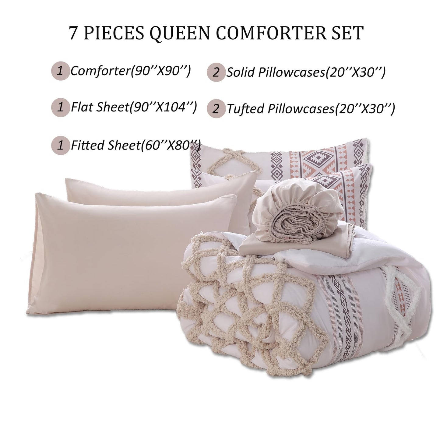 MOVE OVER Beige Tufted Comforter Set Queen Size 7 Pieces Farmhouse Bedding Set Boho Aztec Comforter Set and Sheet Set Mid Century Boho Tufted Comforter Set for All Seasons