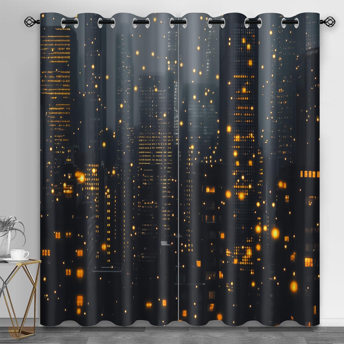 XAFIAUR Cityscape at Night Blackout Curtains, City Buildings Printed Drapes, Orange Lights Thermal Insulated Drapes 2 Panels Darkening Window Curtain for Bedroom Living Room 31.5" W x 45" L x2