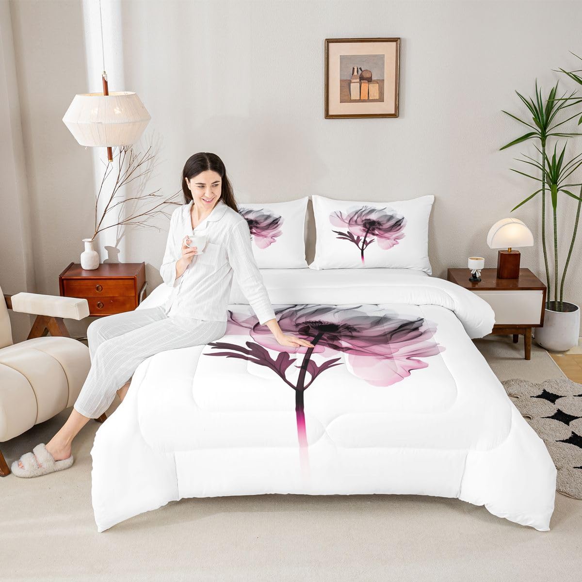 jejeloiu Abstract Flowers Comforter Set Toddler Size Modern Art Bedding Set for Kids Boys Girls Floral Pink Duvet Quilt Bedroom Decor Microfiber 2 Pcs with 1 Pillow Cases