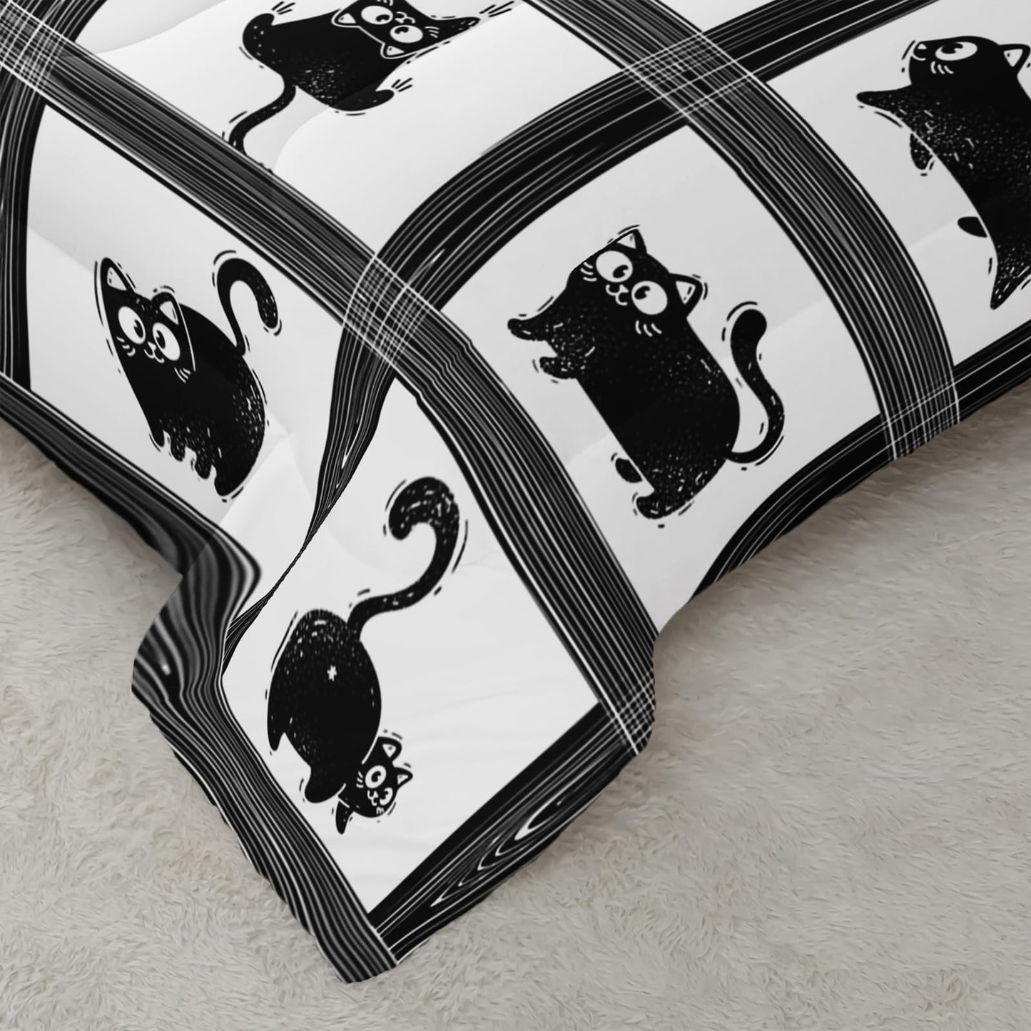 Nttopship Kids Cartoon Cat Comforter Bedding Set Twin,Black Cat and Grid Bedding Set 3 Piece for Teens Kids Boys Girls Adults Room Decor Animals Print Comforter 2 Pillow Cases