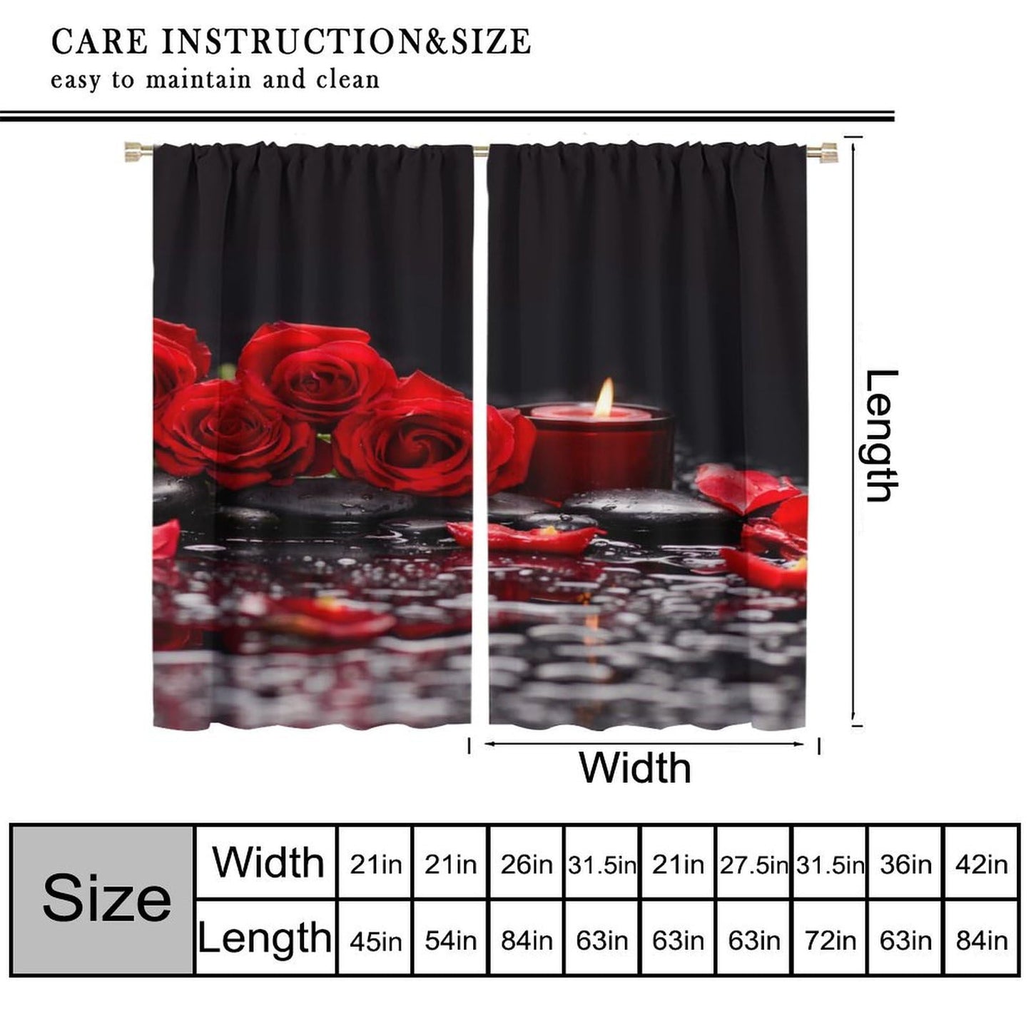 AAVEUP Red Rose Curtains for Girls,Raindrops Stone Candle Aesthetic Red Art Flower Rose Water Flower Window Drapes Print for Kids Women Bedroom Living Room Bathroom 42x45in（No Blackout）