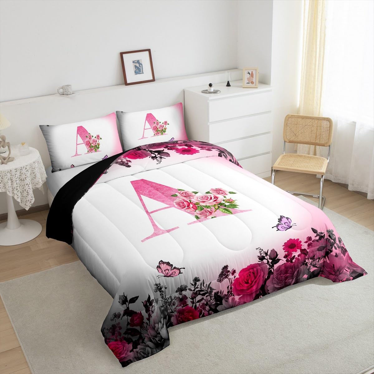 jejeloiu Letter Flowers Comforter Set Queen Size for Kids Teens Girls Woman Personalized Initial A Bedding Set Ultra Soft Black Pink Floral Rose Butterfly Duvet Quilt Monogrammed Duvet Modern Fashion