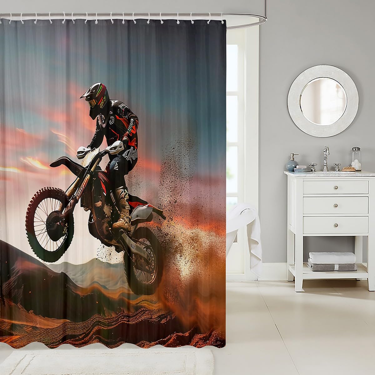 Feelyou Motorcycle Shower Curtain Dirt Bike Fabric Shower Curtain for Kids Boys Girls Extreme Sports Theme Bathroom Waterproof Accessories with 12 Hooks Motocross Curtains,72x72 Inches