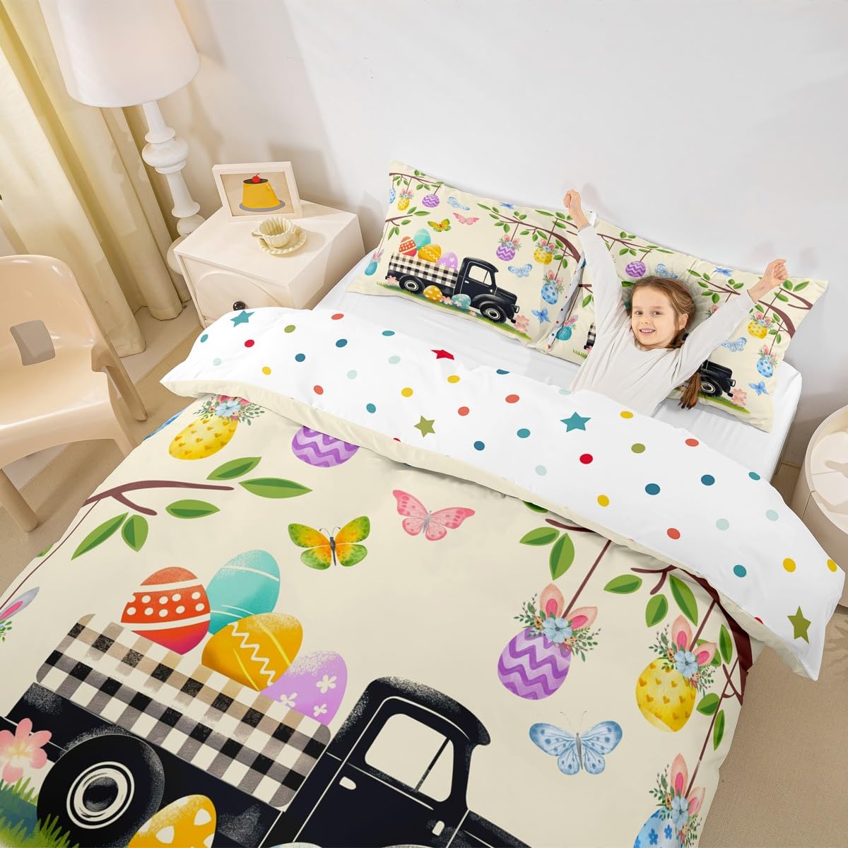 Easter Eggs Duvet Cover Black and White Buffalo Plaid Truck Bedding Set Happy Easter Themed Easter Egg Rabbit Comforter Cover Queen,Green Leaves Tree Branches Kawaii Room Decor Easter Decorations