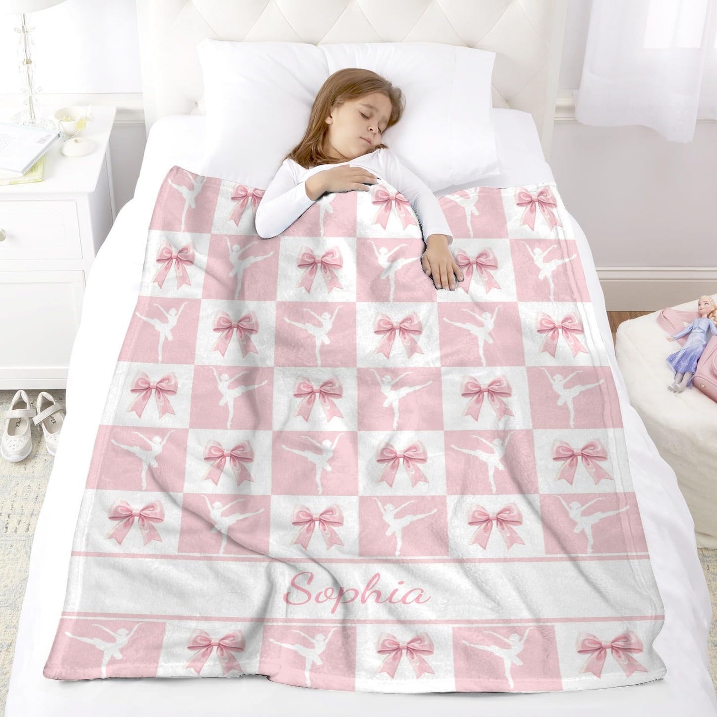 Customized Ballet Blanket with Pink Bow, Add Your Name Text Blankets Soft Warm Small Throw for Her Girls Girlfriend Wife Sister Mom
