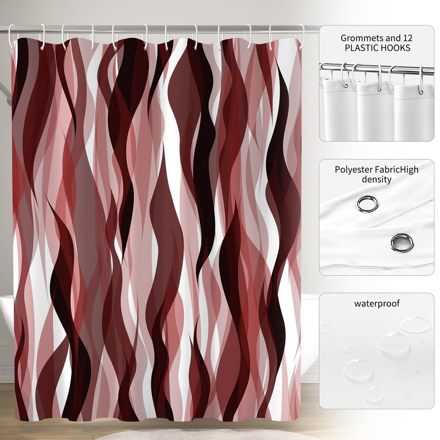 ChloropLastid Red Wavy Line Shower Curtain Red Black White Modern Geometric Abstract Striped Aesthetic Boho Bath Curtains Waterproof Fabric Bathroom Decoration with Hooks 72x72 inch