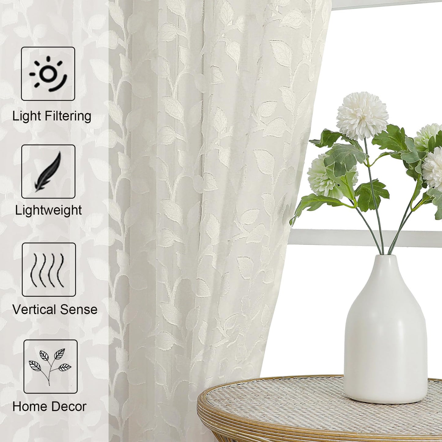 Chyhomenyc Ivory Sheer Curtains 84 Inch Length 2 Panels Set, Light Filtering Tufted Textured Soft Airy Rod Pocket Gentle Leaf Window Treatment Drapes for Bedroom Living Room, 42" Wx84 L, 2PCS