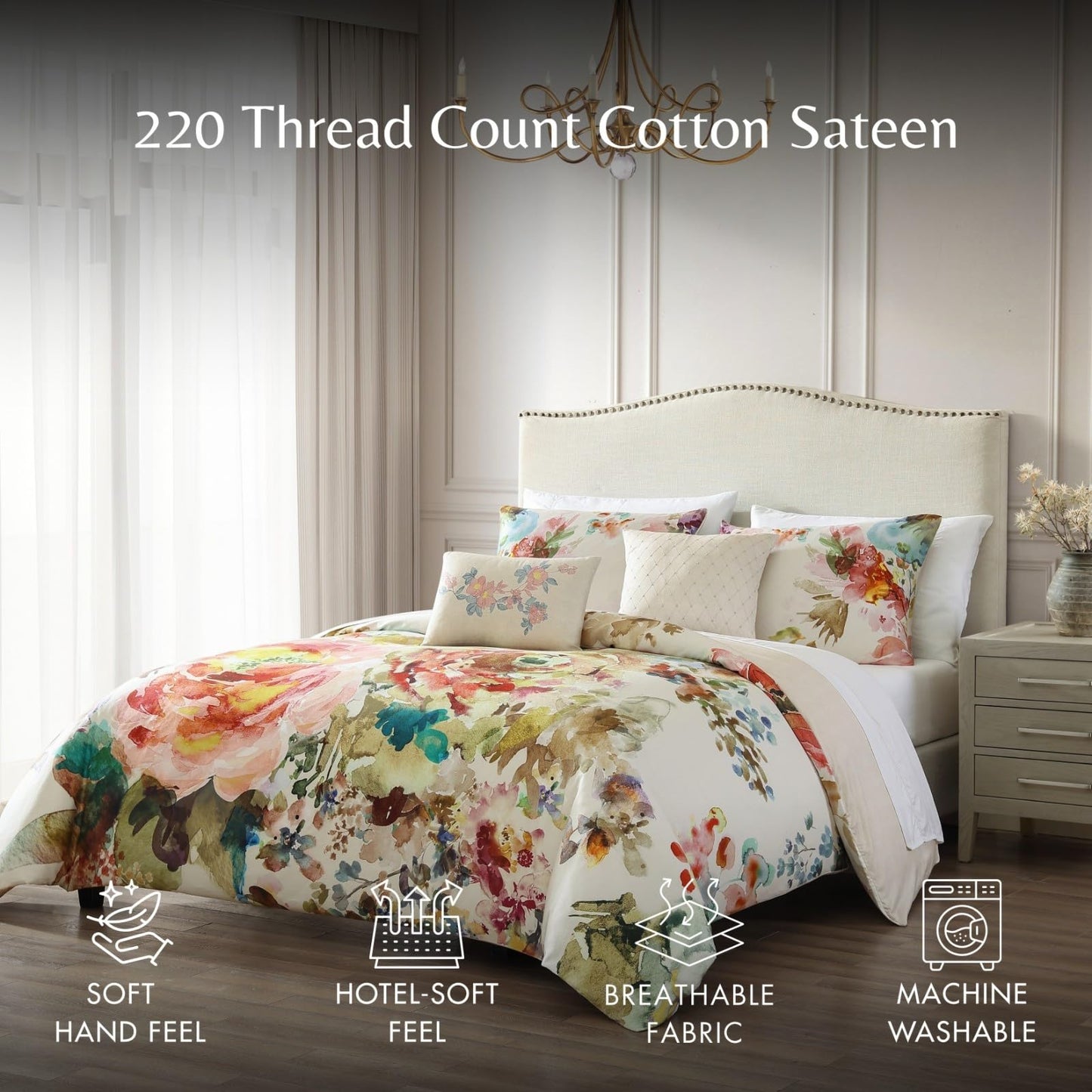 Bebejan Antique Flowers 5 Piece Comforter Set, 100% Cotton Sateen, 200 Thread Count, Ivory Floral Reversible Bedding Comforter Set, 1 Comforter, 2 Shams & 2 Pillows (King/Cal King)